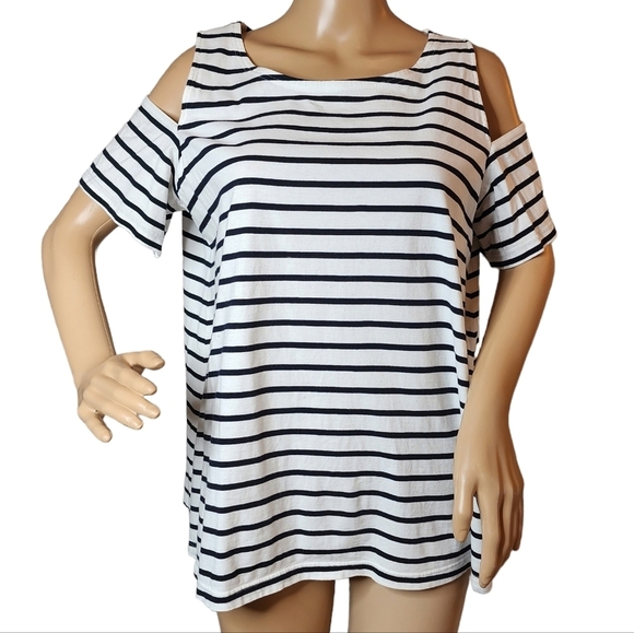 Armor Lux cold shoulder top. Black white stripe. Made in France. - Picture 1 of 15